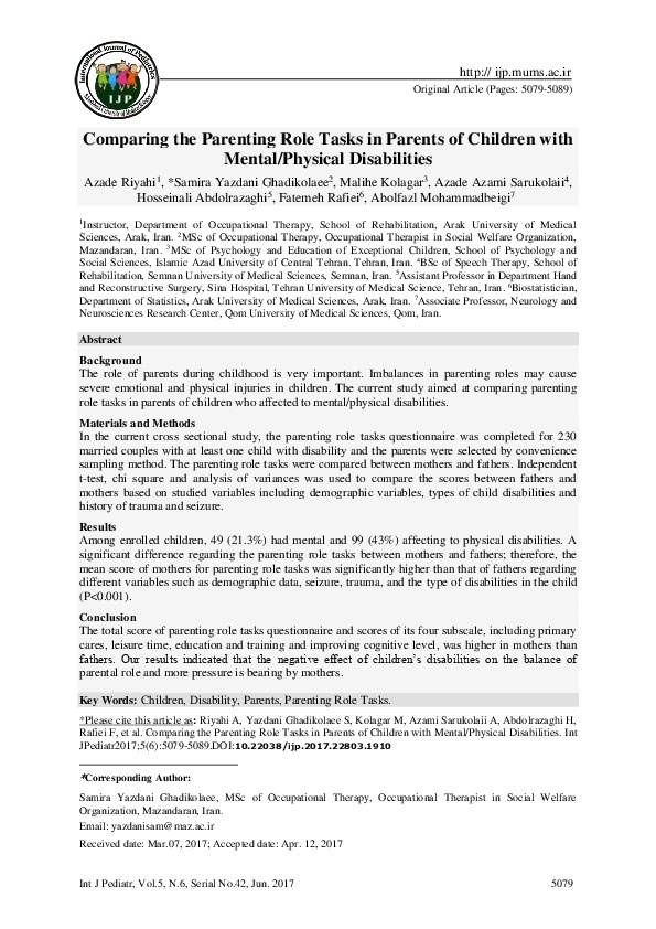Comparing the Parenting Role Tasks in Parents of Children with Mental \Physical Disabilities 