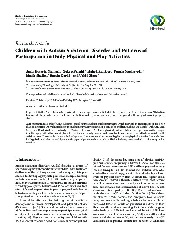 Children with Autism Spectrum Disorder and Patterns of Participation in Daily Physical and Play Activities 