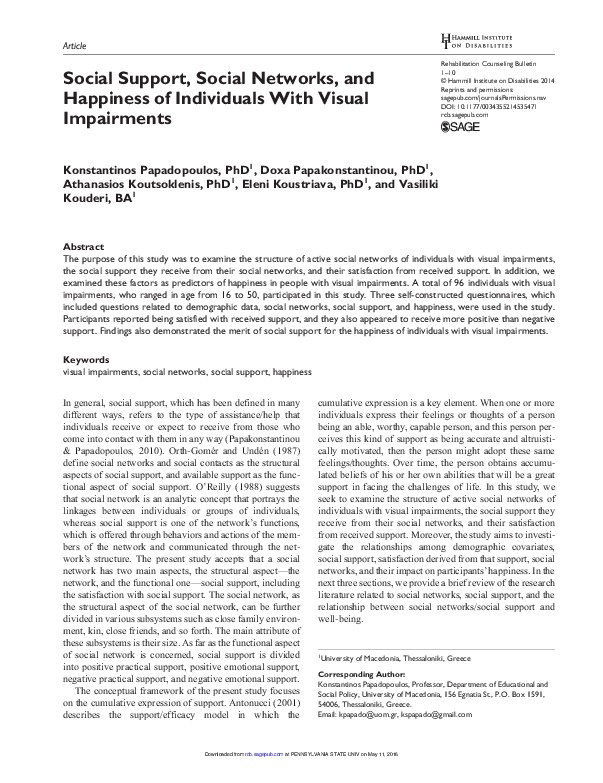 Social Support, Social Networks and Happiness of Individuals with Visual Impairments 