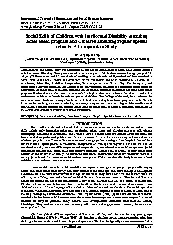 Social Skills of Children with Intellectual Disability attending home based program and Children attending regular Special Schools 