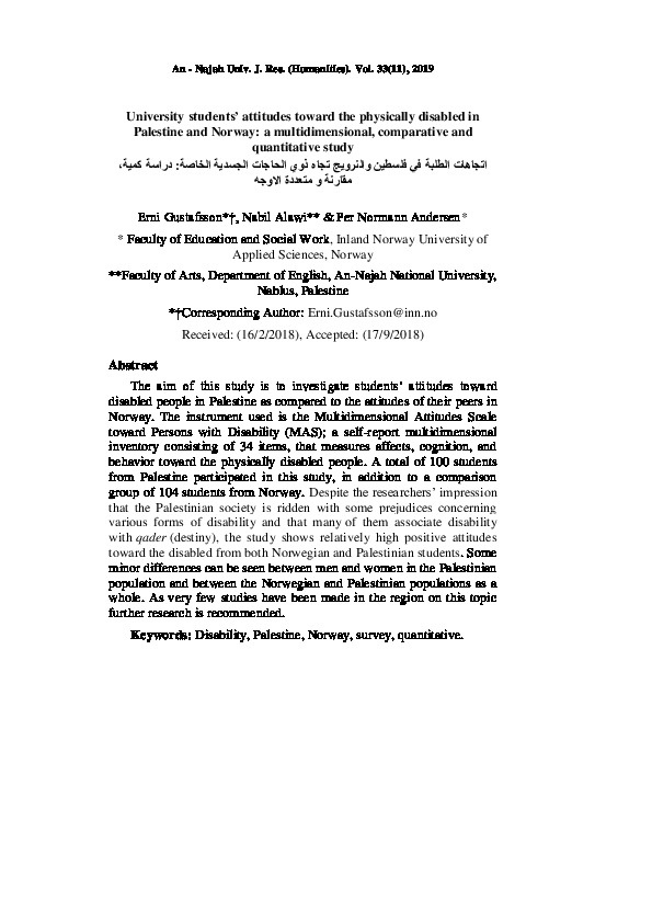 University students’ attitudes toward the physically disabled in Palestine and Norway: a multidimensional, comparative and quantitative study